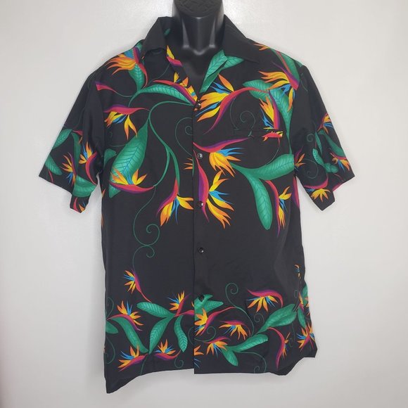 Vintage Hilo Hattie Men's Shirt L Black Bird of Paradise Floral Button Front - Picture 10 of 10